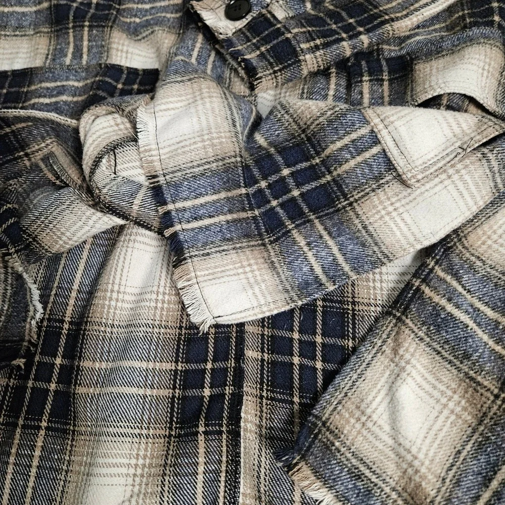 Stitch + Feather Plaid Oversized Shacket Jacket Women Blue‎ Tan White RN 149137